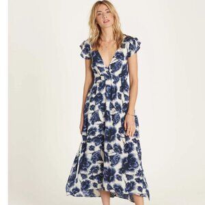 Billabong Don't Mess Dress Wmn's Medium Blue Floral Plunge Neckline Ocean Travel
